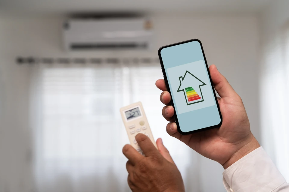 Icône de maison d'homme d'utilisation d'efficacité énergétique avec l'échelle d'efficacité énergétique Facture et économie